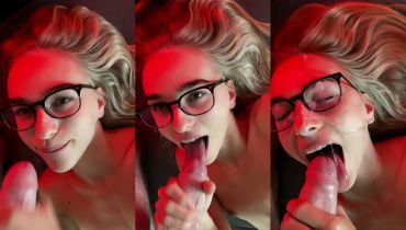 Sloppy Cheerful Blowjob: Glasses-Wearing Blonde Stuffs A Big White Cock