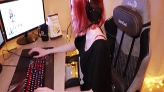 nerdy gamer girl fresh teen railed steel while playing a video game