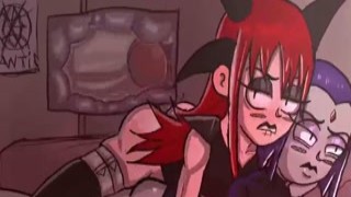 devil-lynn demon rod thrust vigorously into ravens hero slippery twat ... but devil-lynn seems unimpressed 