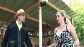 pretty little ho with jumbo milkers and hefty jiggling ass caught in a spitroast with grandpa