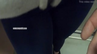 my wife let older unknown man to touch her shaved pussy lips over her spandex leggings in subway