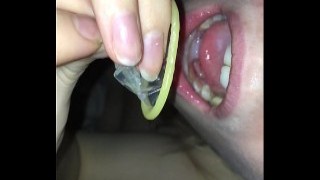 Cum Is Poured From Condom Into Her Mouth