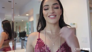 young pussy raven brunette hottie strips out of her thong set and masturbates