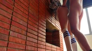 he bangs and cums inside his girlfriend in pajamas holding her passionately against wall