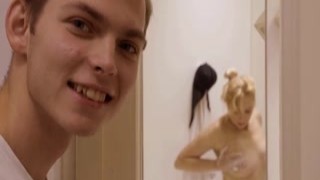 shame4k. boy follows mature platinum blonde to the shower room and drills her