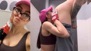 Glasses-Wearing Gym Girl Rims His Cock Before Tasting His Cum