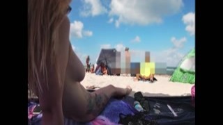 exhibitionist wife 511 - mrs kiss gives us her nude beach vr porn view of a voyeur jerking off in front of her and several other men watching 