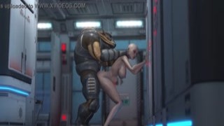 3d monster plays with a young woman in the mars base camp