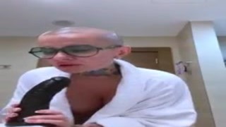 pipe cleaning dildo from a bald girl with colossal bouncing jugs