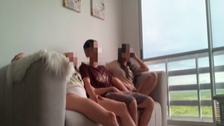 we are bored watching tv so my two stepsisters play with self me and we have sex